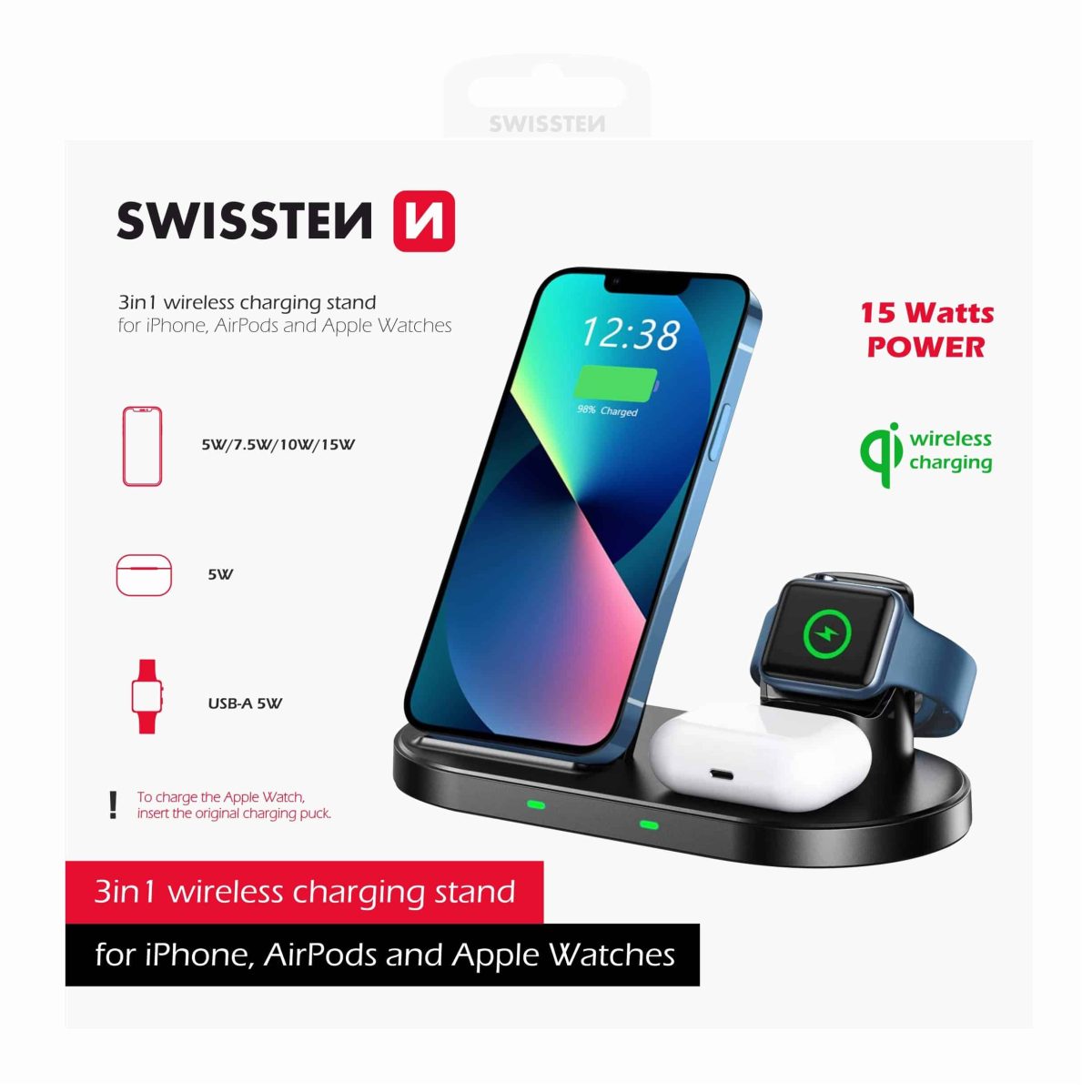 SWISSTEN WIRELESS 3 IN 1 CHARGER 15W BLACK - Image 1