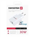 SWISSTEN CHARGER USB-A AND TYPE C 30W GaN TECHNOLOGY WHITE